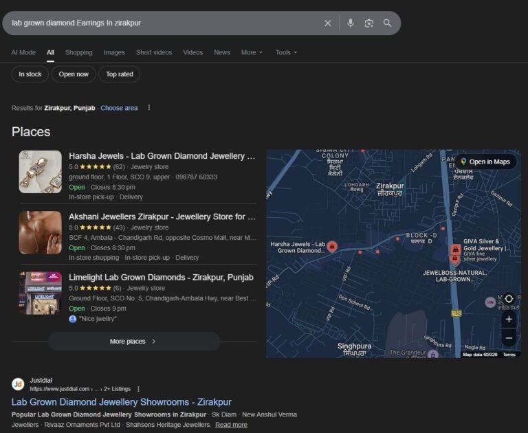 #1 for “lab grown diamond earrings” — #1 in Google Maps, Zirakpur