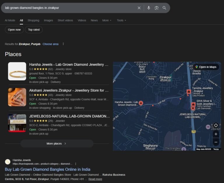 #1 on Maps and page 1 for “diamond bangles” — #1 in Google Maps and organic results