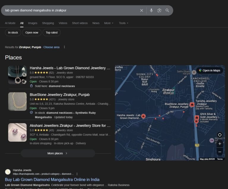 #1 on Maps and page 1 for “diamond mangalsutra” — #1 in Google Maps and organic results